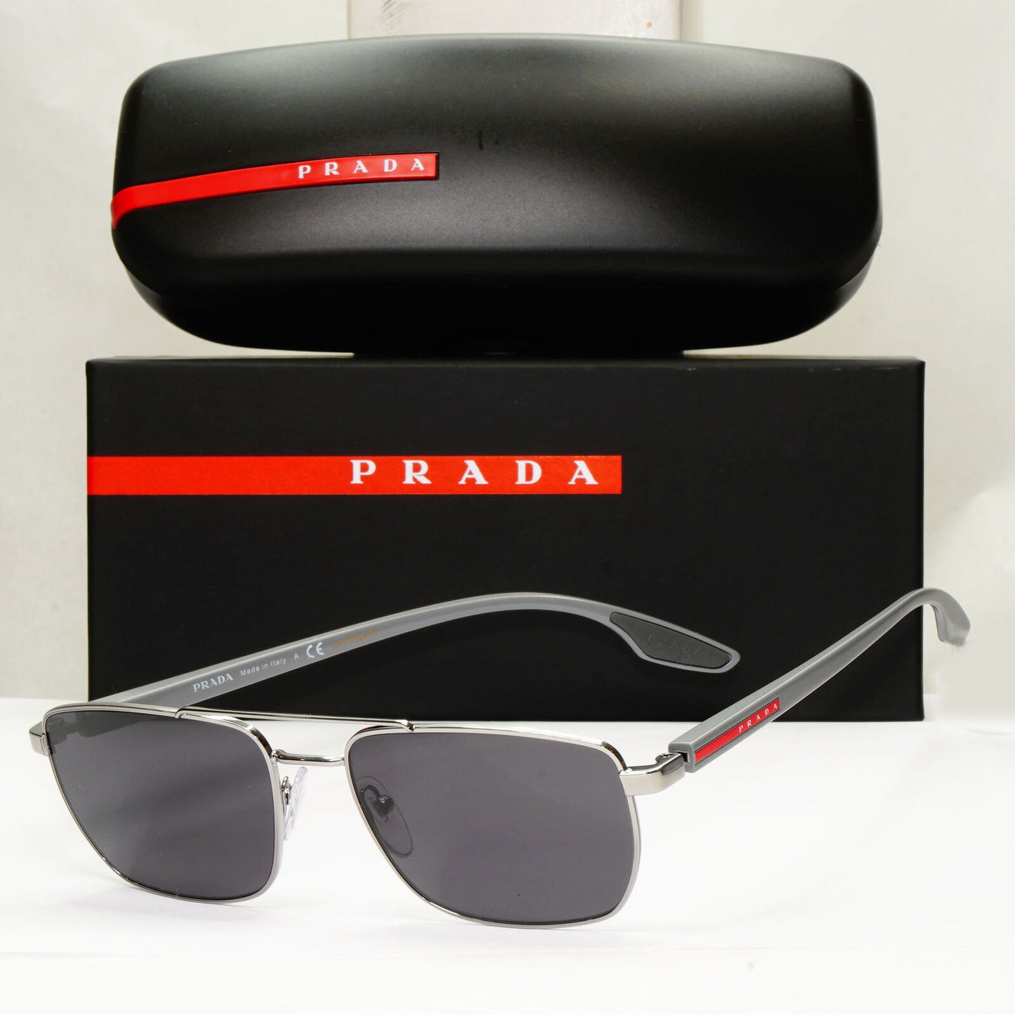 Prada Sunglasses Black Grey Gunmetal Square Navigator PS53MV VPS 53M 5AV1O1 55mm