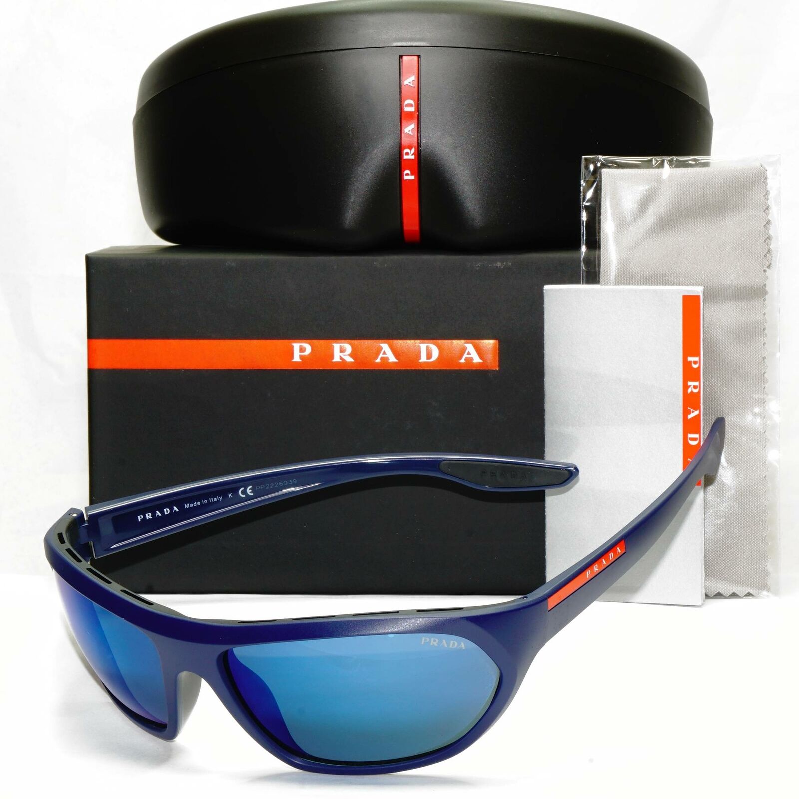 Authentic Prada Mens Blue Navy Mirrored Sunglasses Wrap SPS 18U MA3-9P1