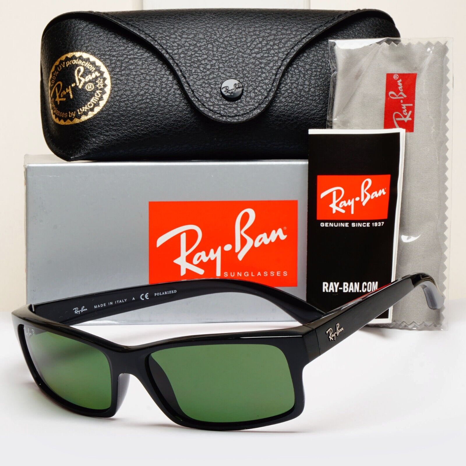 Ray-Ban Sunglasses Polarised Black Rectangle Green Square RB 4151 601/2P 59mm