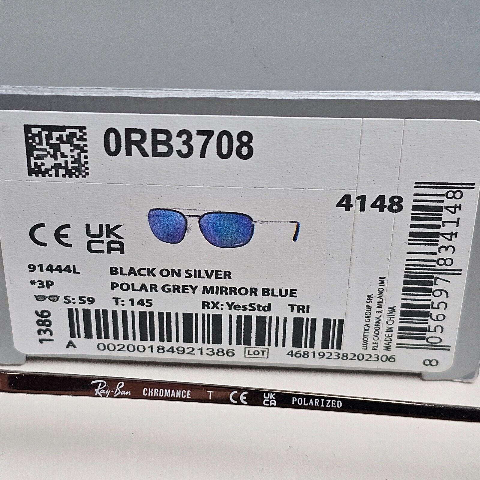 Ray-Ban Sunglasses Chromance Blue Mirror Polarized Black RB 3708 9144/4L 59mm