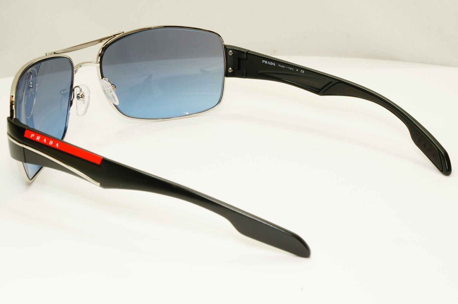 Prada Blue Black Sunglasses Silver Metal Gradient SPS 53N 1BC-5I1 Red Stripe