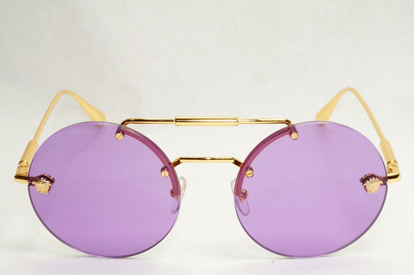 Versace Sunglasses Gold Round Rimless Medusa Violet MOD VE 2244 1002/69 56mm