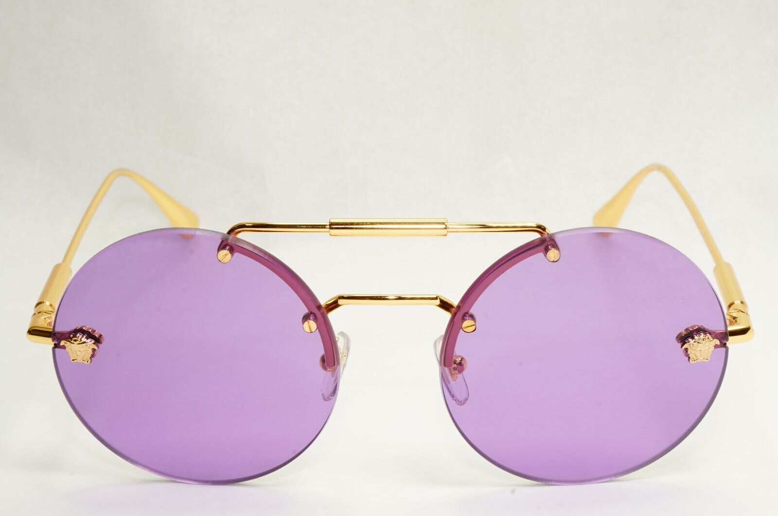 Versace Sunglasses Gold Round Rimless Medusa Violet MOD VE 2244 1002/69 56mm