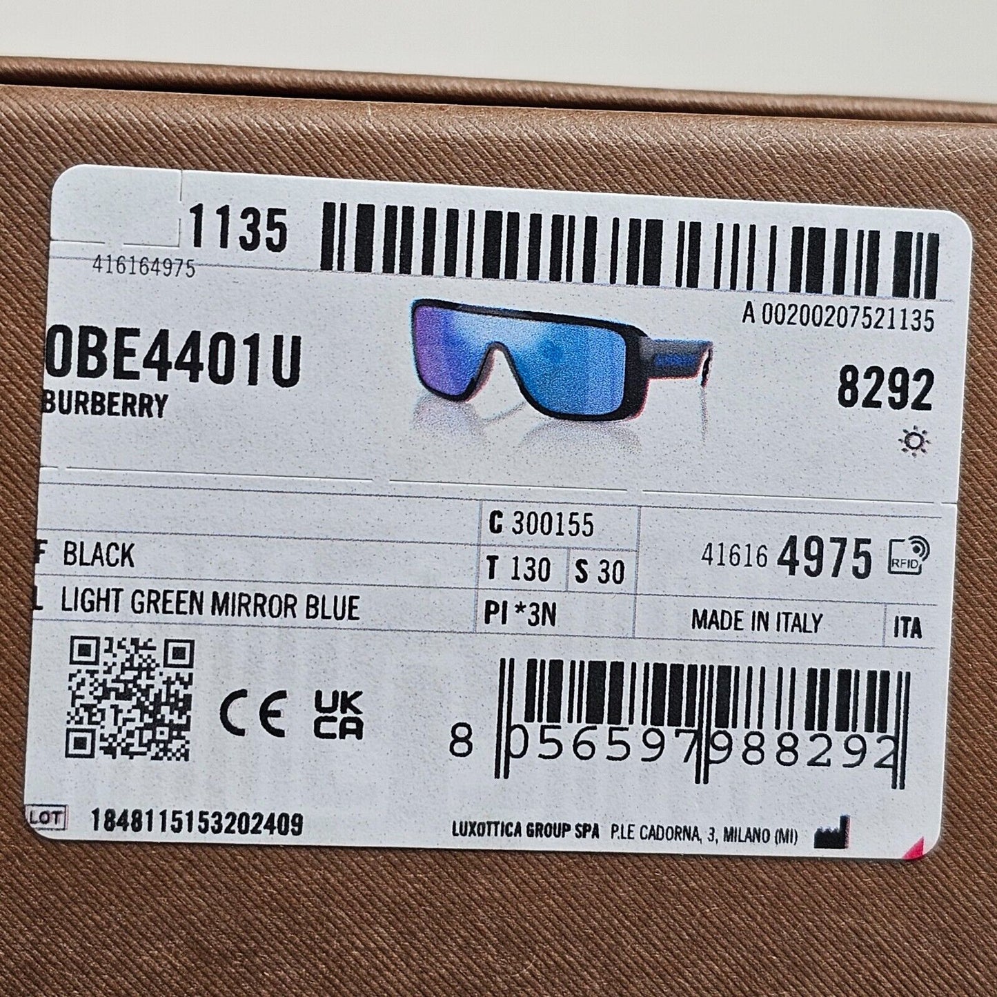 Burberry Sunglasses Black Blue Shield Visor Mirror BE 4401-U 3001/55