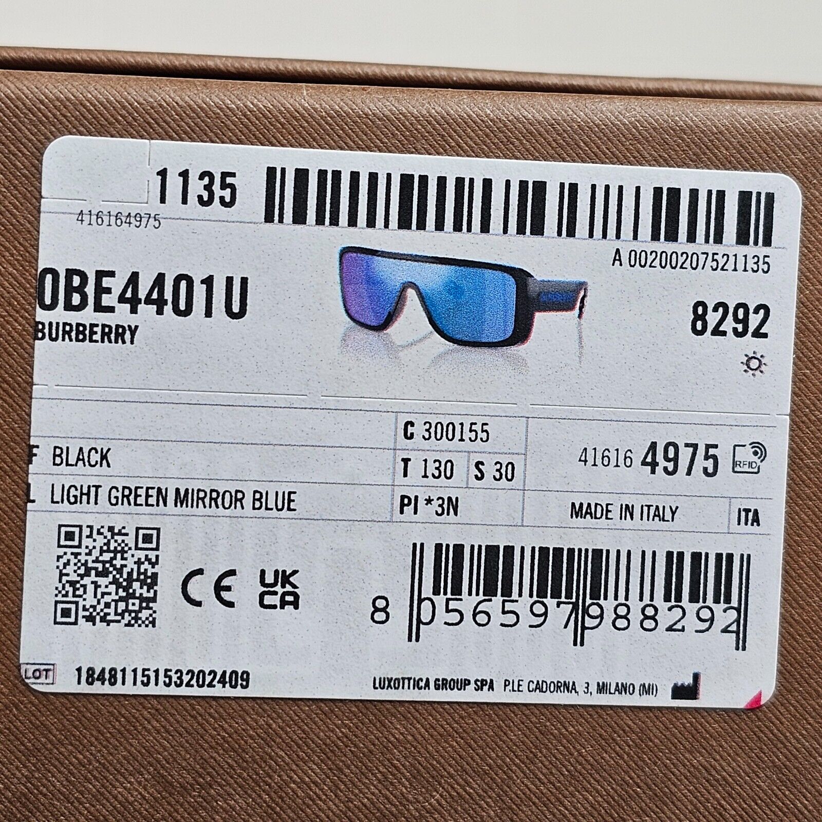Burberry Sunglasses Black Blue Shield Visor Mirror BE 4401-U 3001/55