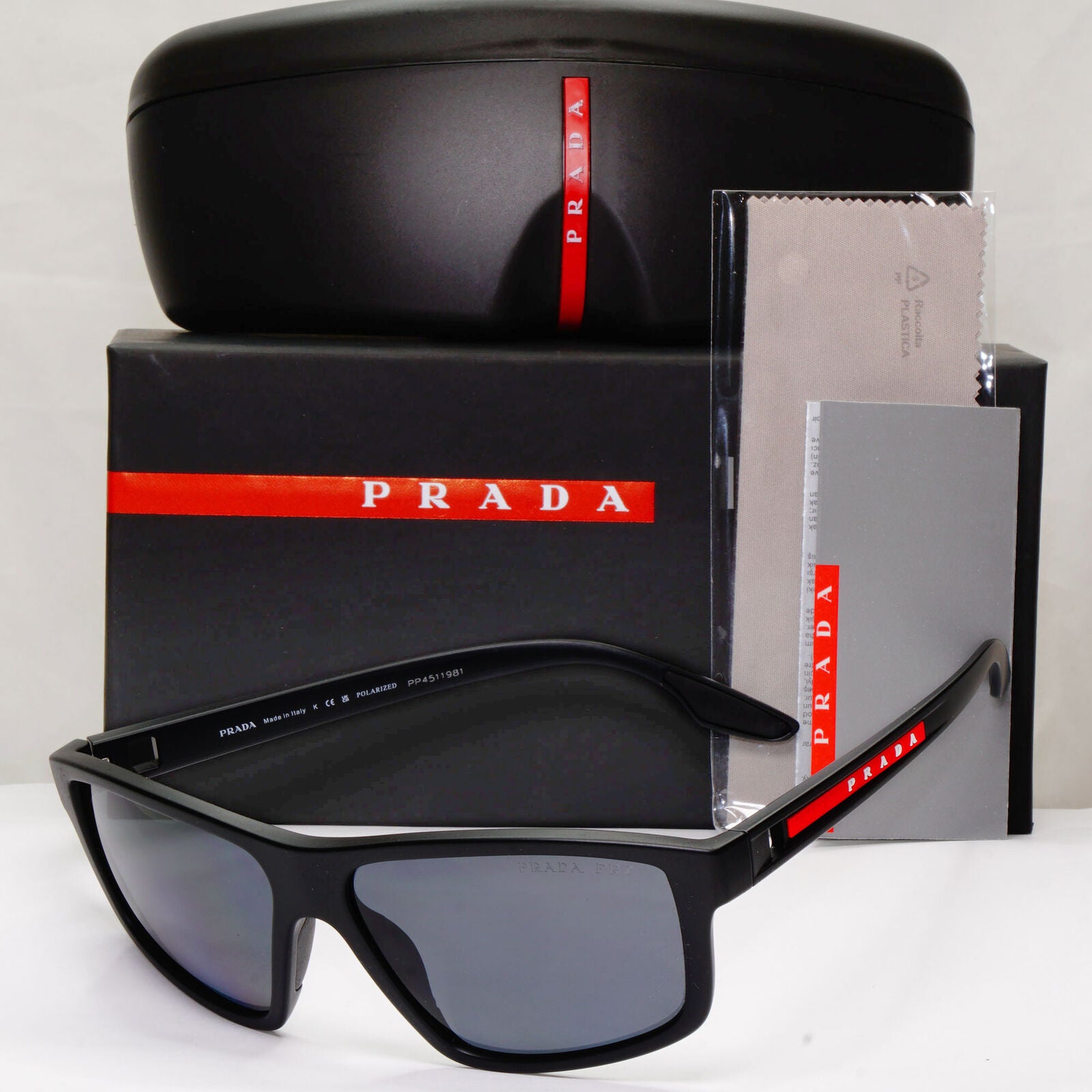 Prada Black Polarized Sunglasses Square Sport Red Stripe PS02XS SPS 02X DG0-02G