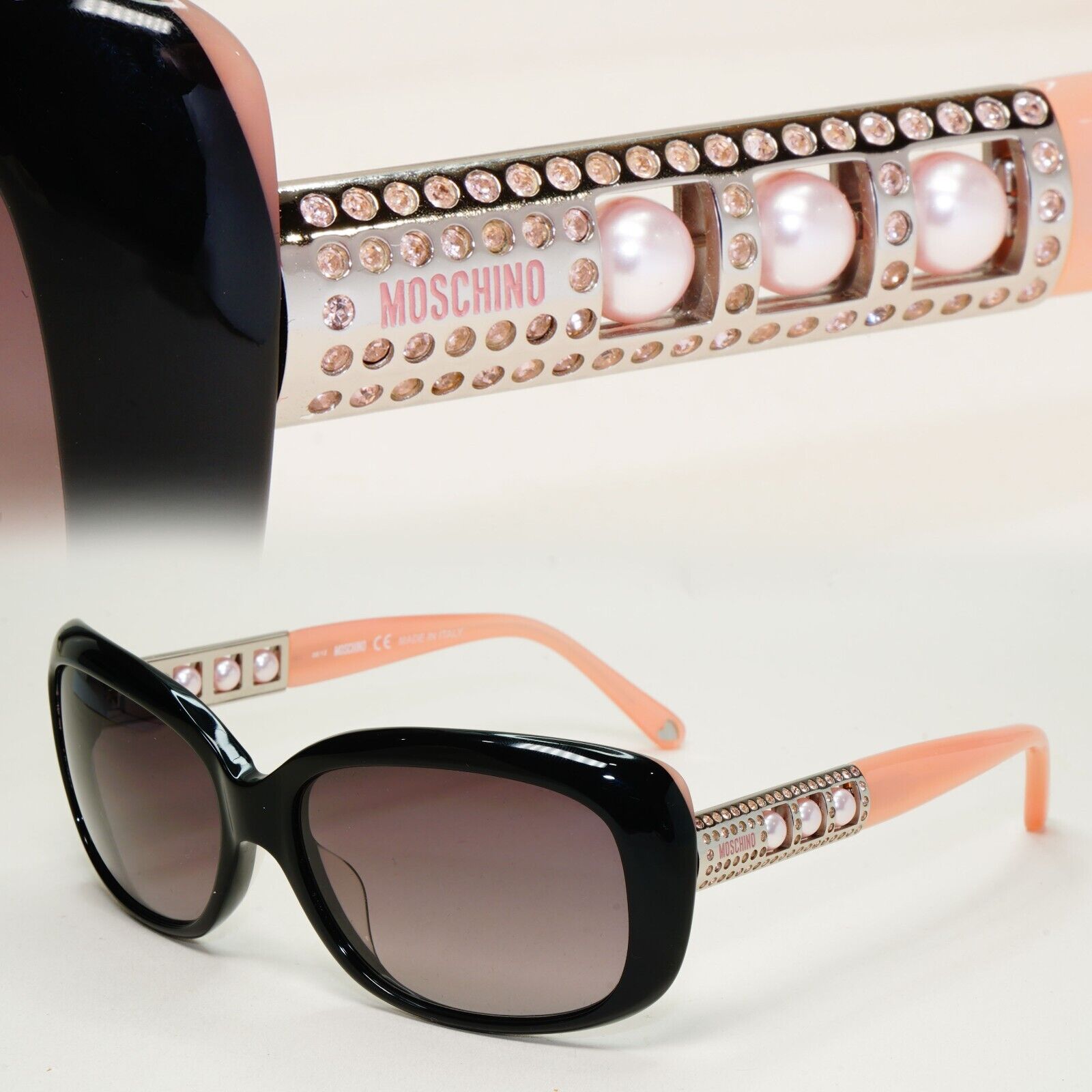 Moschino Sunglasses 2005 Vintage Black Grey Pink Pearl Square MO572 02 101124