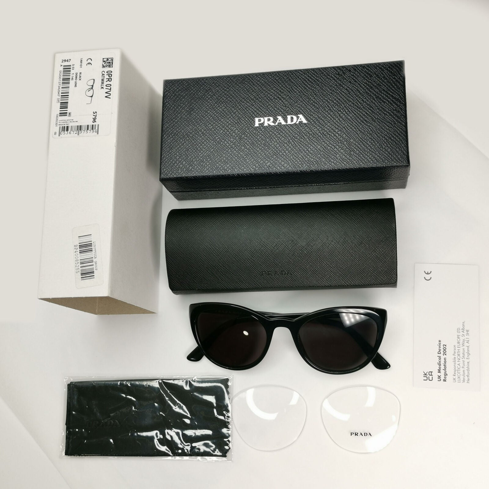 Prada Sunglasses Black Cat Eye Glossy Womens Fashion PR07VV VPR 07V 1AB-1O1 53mm