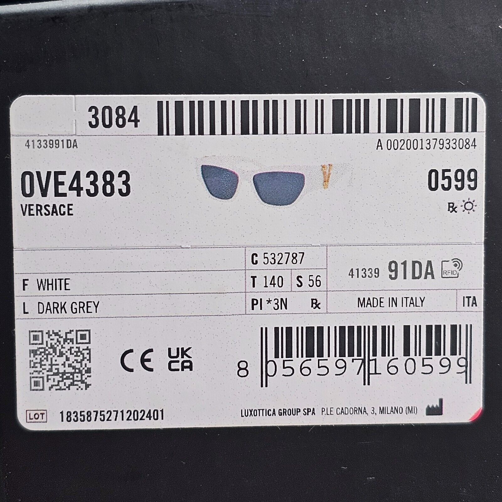 Versace Sunglasses White Gold V Black Square MOD VE 4383 5327/87 56mm