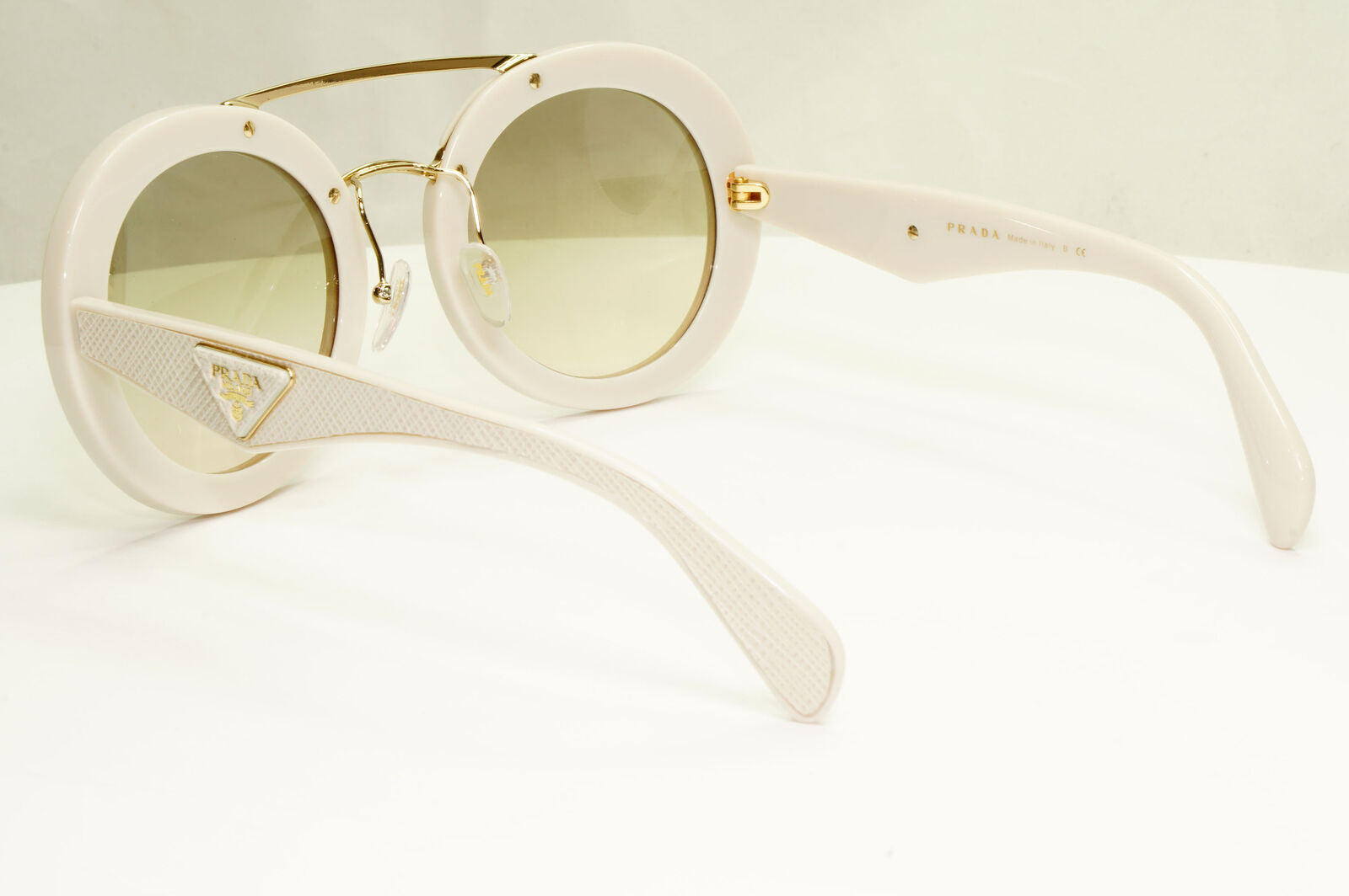 Prada White Ivory Ornate Sunglasses Leather Triangle Gold PR15SS SPR 15S UFP-3H2