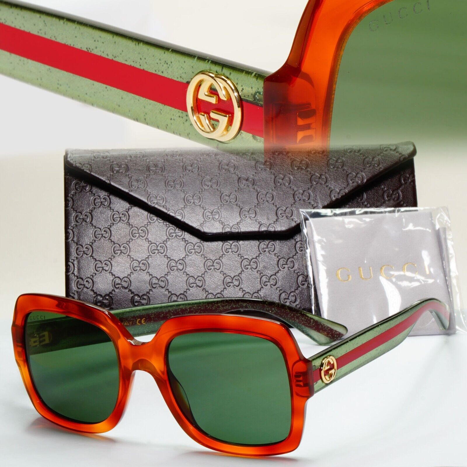 Gucci Sunglasses 2017 Brown Transparent Green Square GG0036S 003 54mm 050824