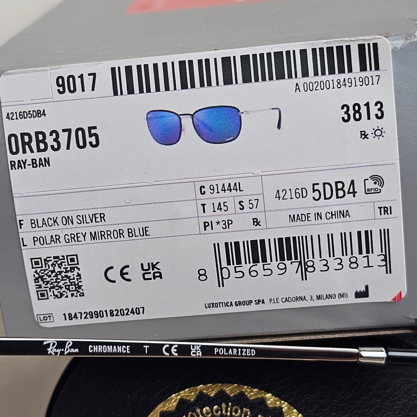 Ray-Ban Sunglasses Chromance Blue Mirror Polarized Black RB 3705 9144/4L 57mm