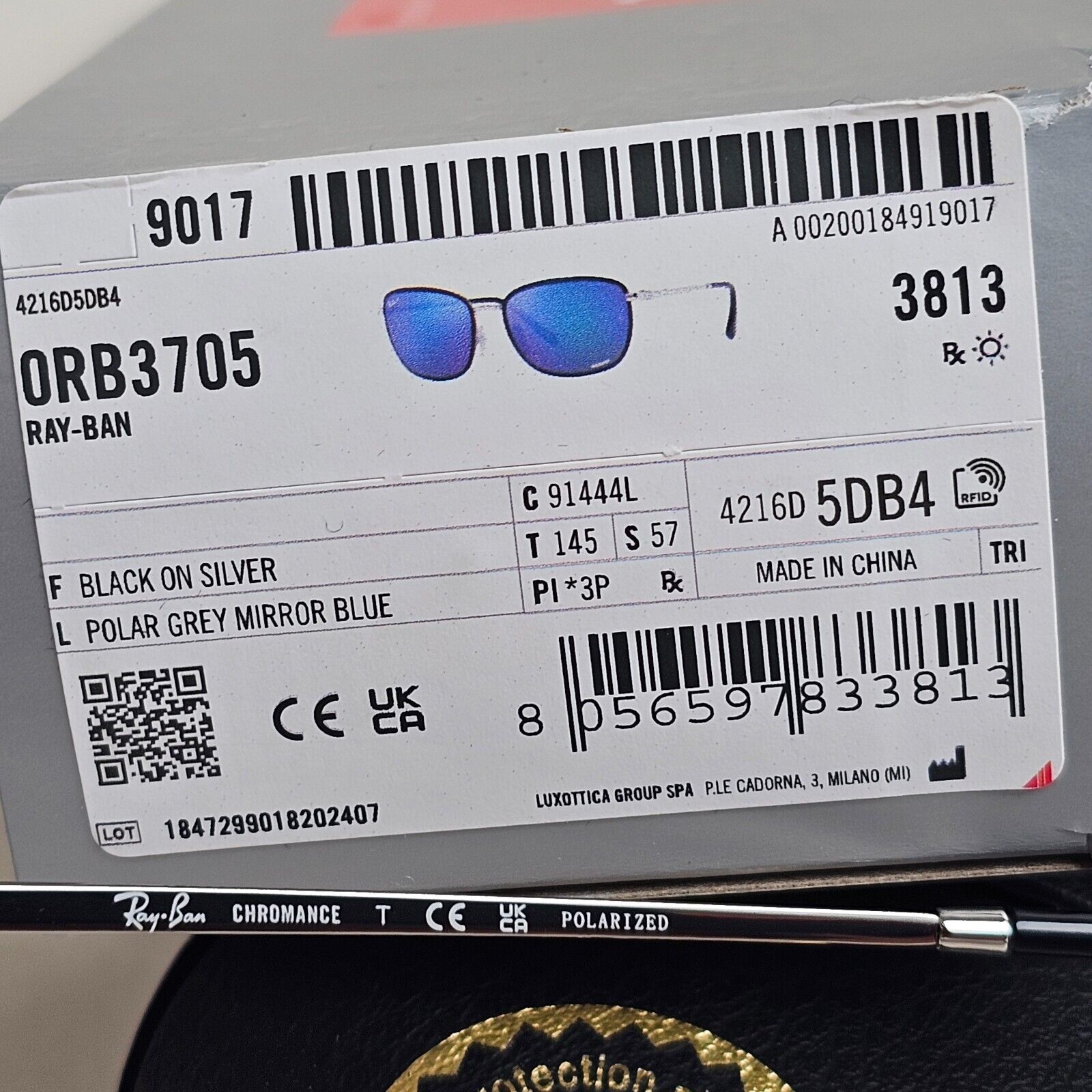 Ray-Ban Sunglasses Chromance Blue Mirror Polarized Black RB 3705 9144/4L 57mm