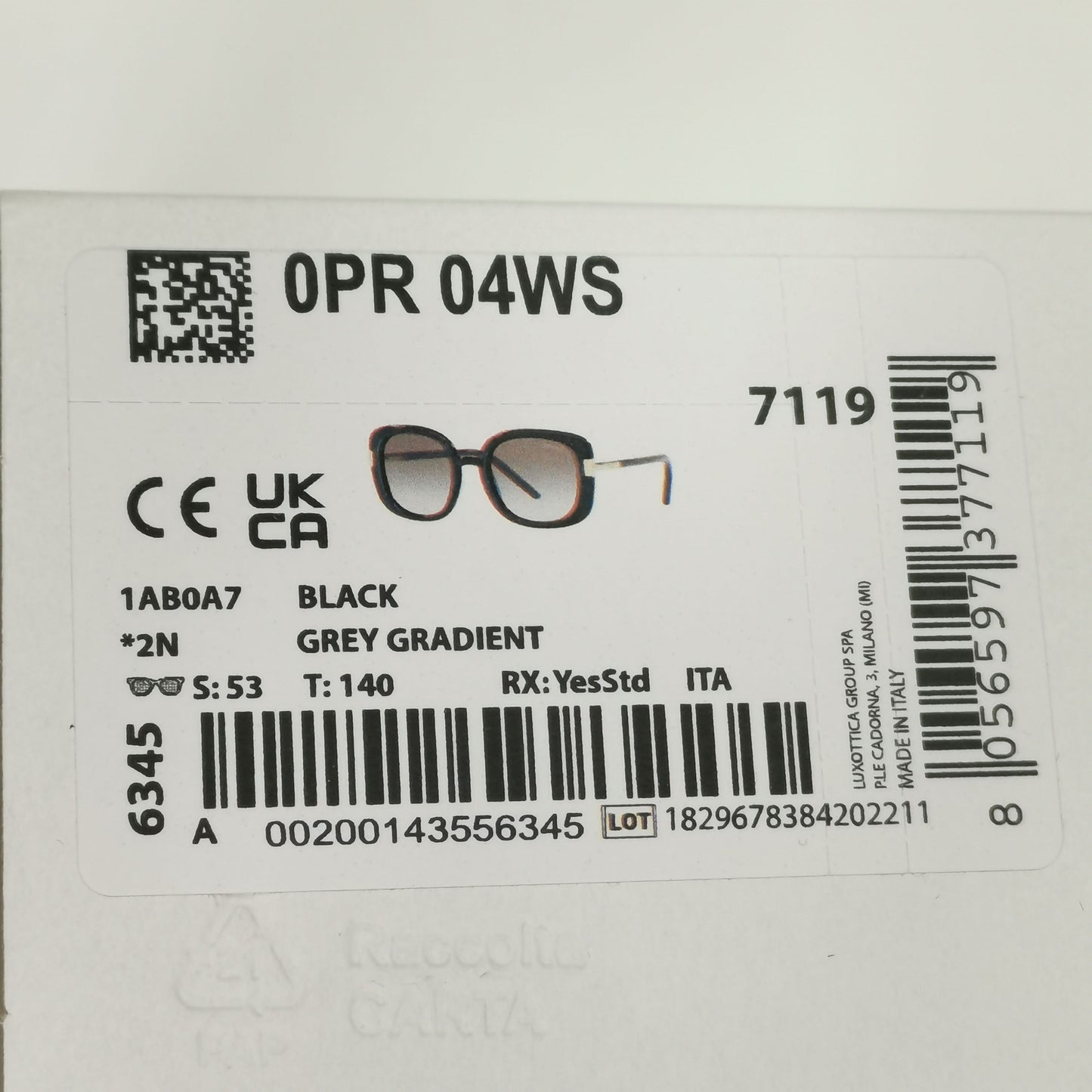 Prada Sunglasses Black Gold Square Grey Gradient 53mm PR04WS SPR 04W 1AB-0A7