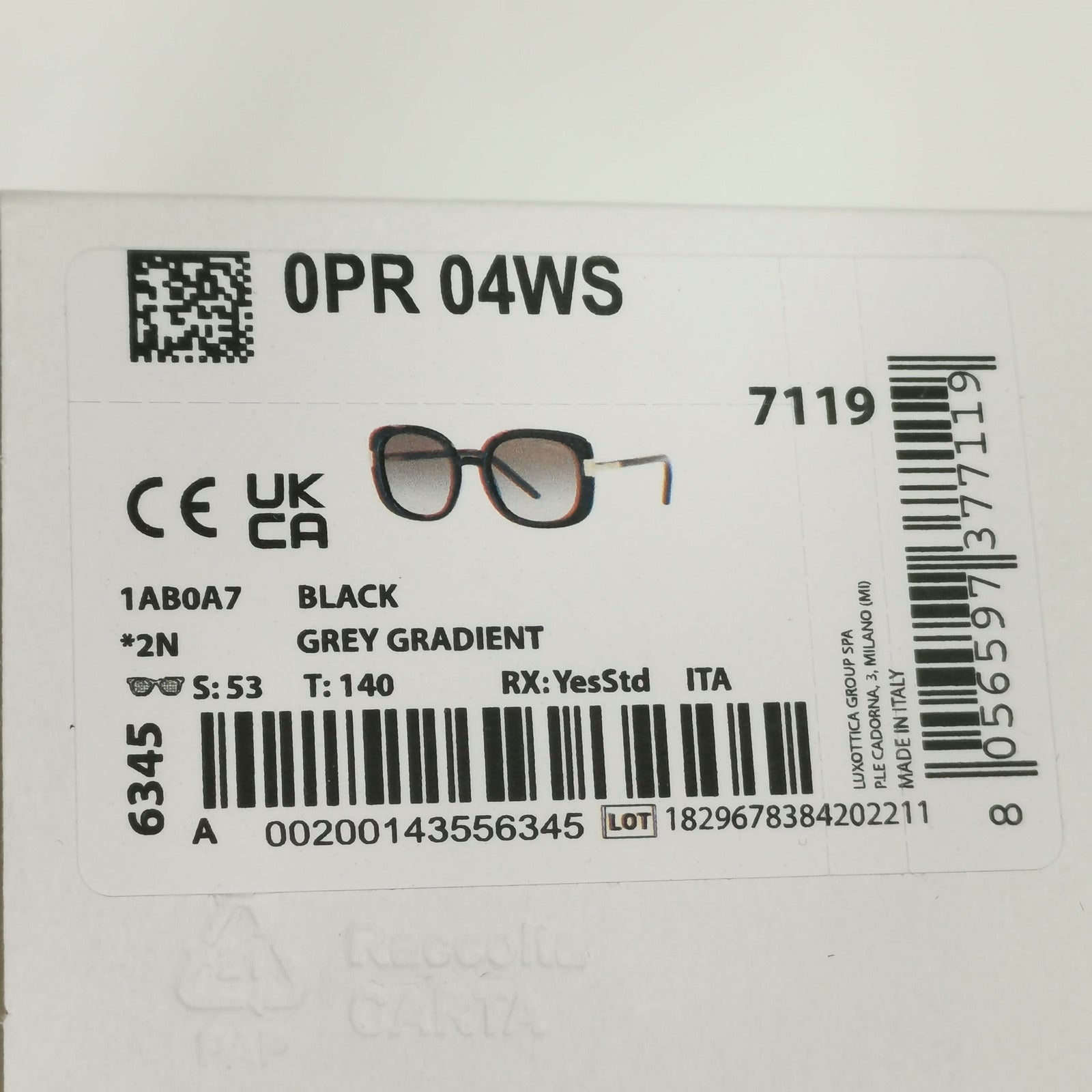 Prada Sunglasses Black Gold Square Grey Gradient 53mm PR04WS SPR 04W 1AB-0A7