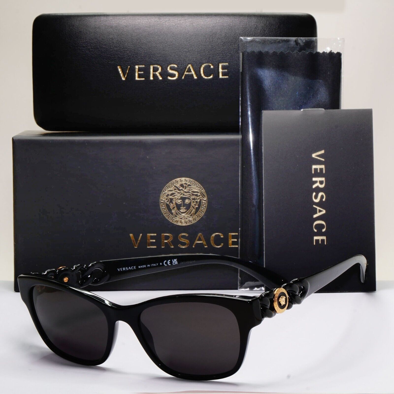 Versace Sunglasses Black Gold Medusa Chain Square Glossy MOD VE 3306 GB1 54mm