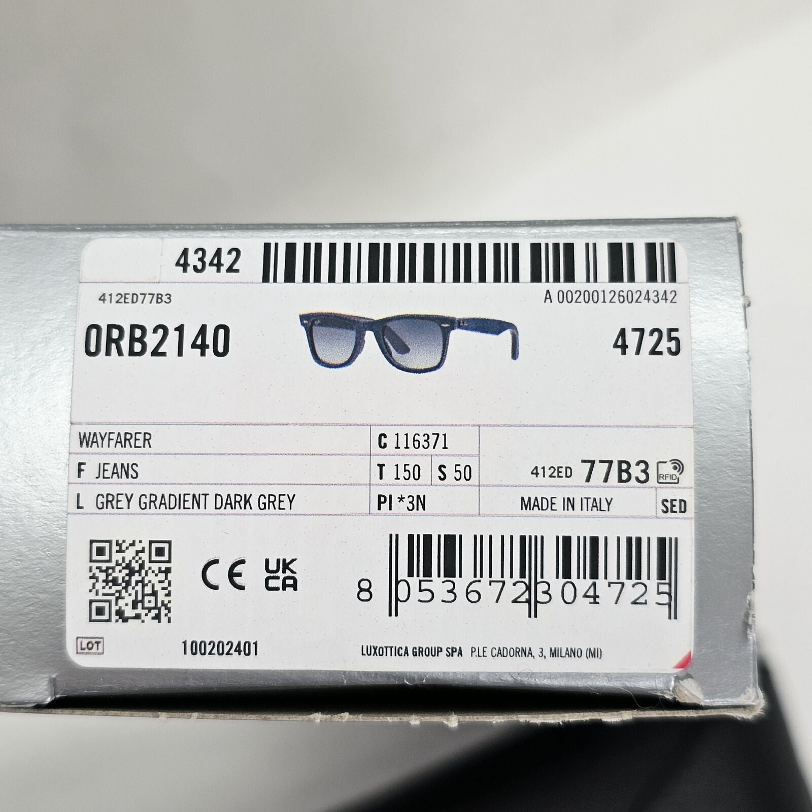 Ray-Ban Sunglasses Wayfarer Denim Blue Jeans Grey Gradient RB 2140 1163/71 50mm