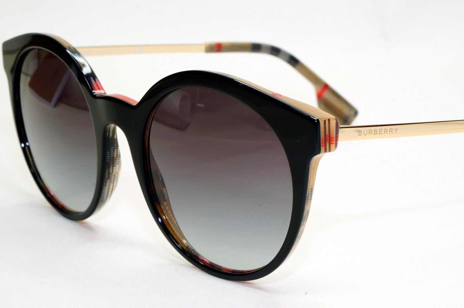 Burberry Sunglasses Black Gold Grey Gradient Round Plaid Check BE 4296 3806/8G