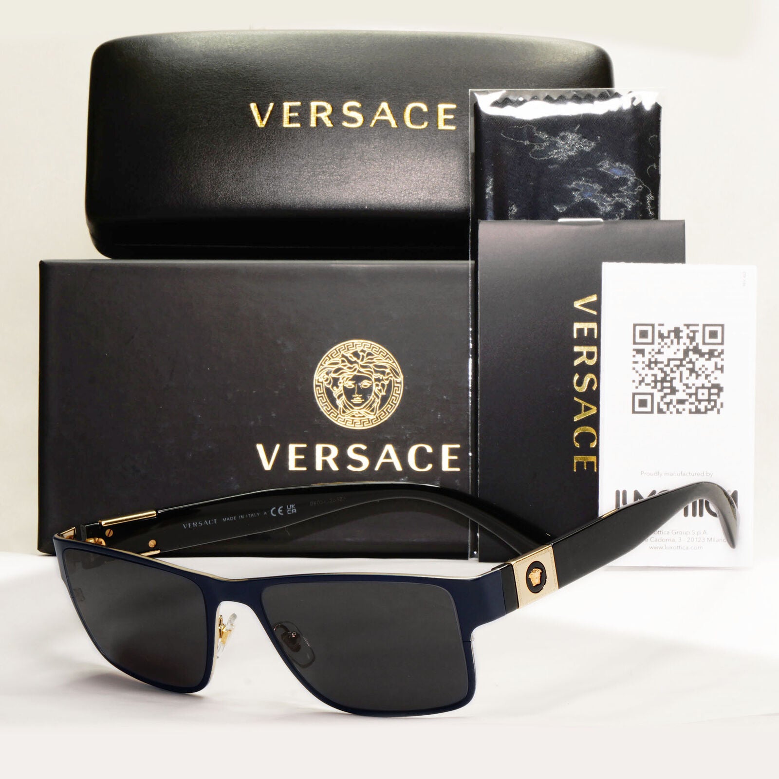 Versace Sunglasses Dark Blue Black Gold Square Metal Rectangle MOD VE 1274  55mm