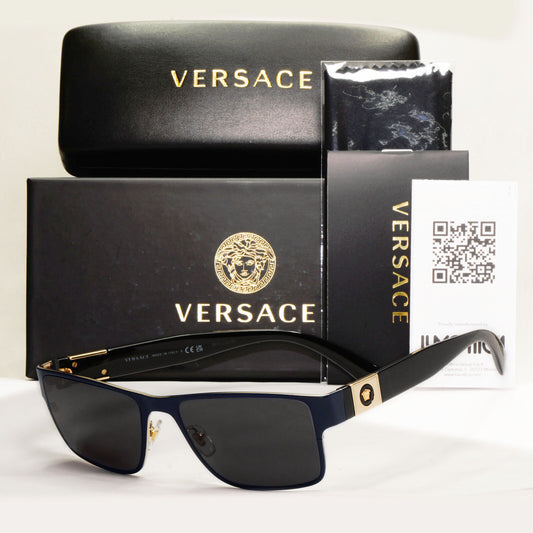 Versace Sunglasses Dark Blue Black Gold Square Metal Rectangle MOD VE 1274  55mm
