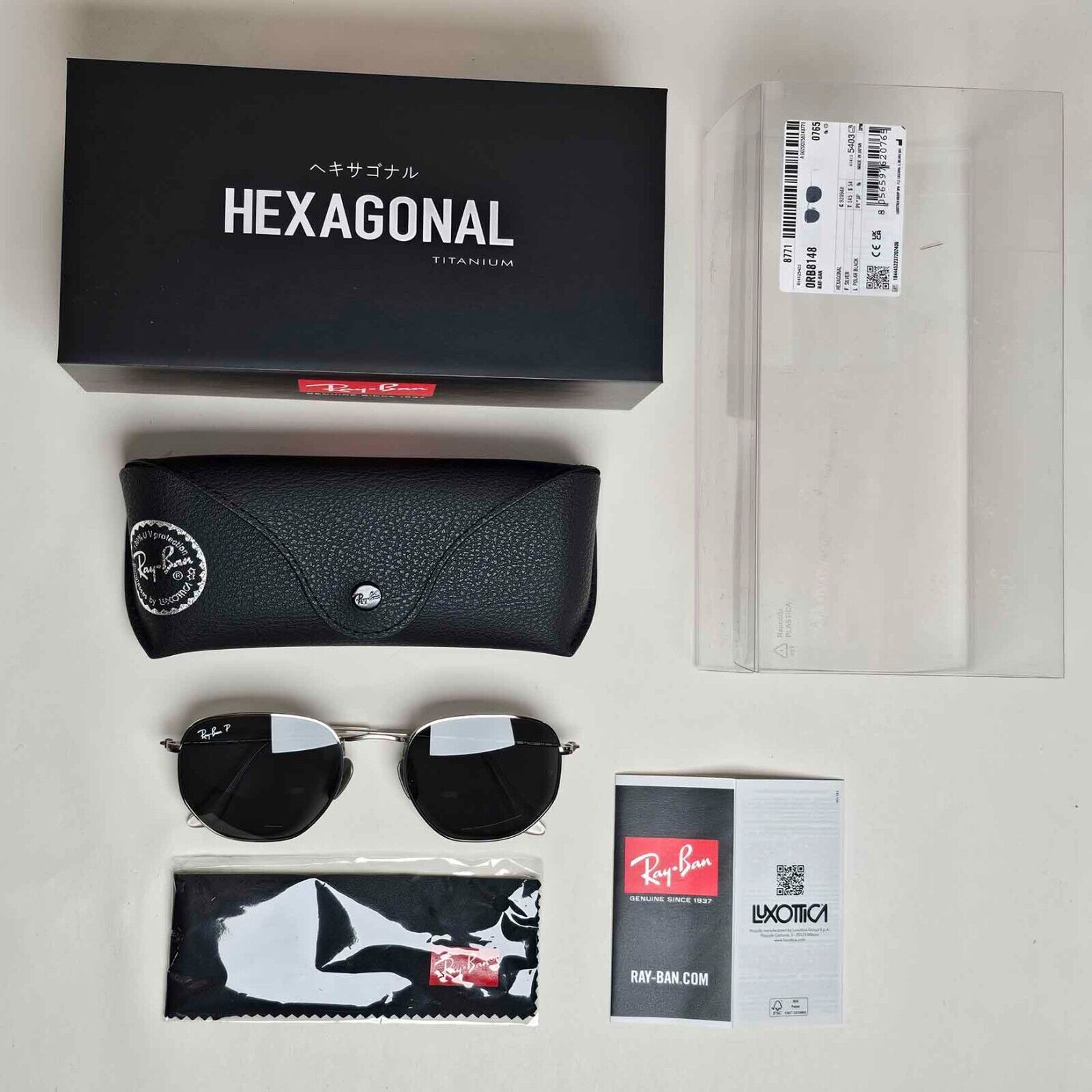 Ray-Ban Sunglasses Hexagonal Titanium Polarised Silver Black RB 8148 9209/48 54m