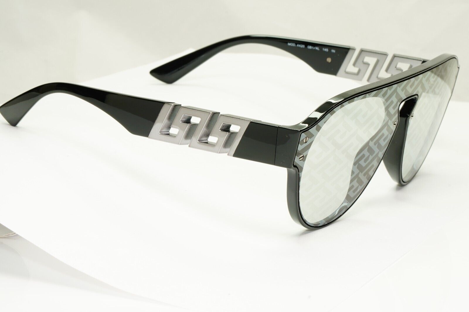 Versace Monogram Mirror Sunglasses Black Silver Pattern Pilot VE 4420 GB1/AL