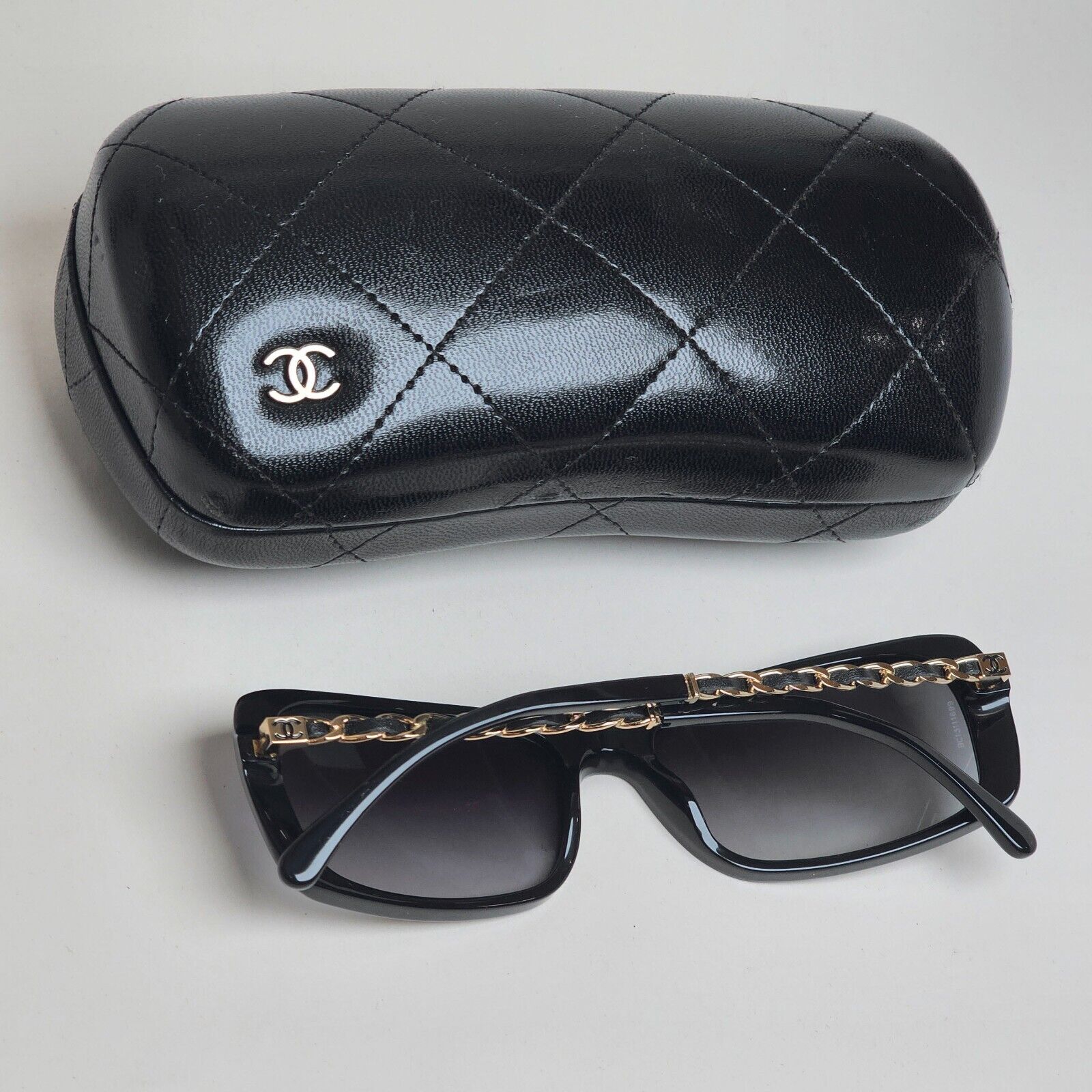 Chanel Sunglasses Black Gold Leather Chain Rectangle 5209-Q c.501/3C 050225