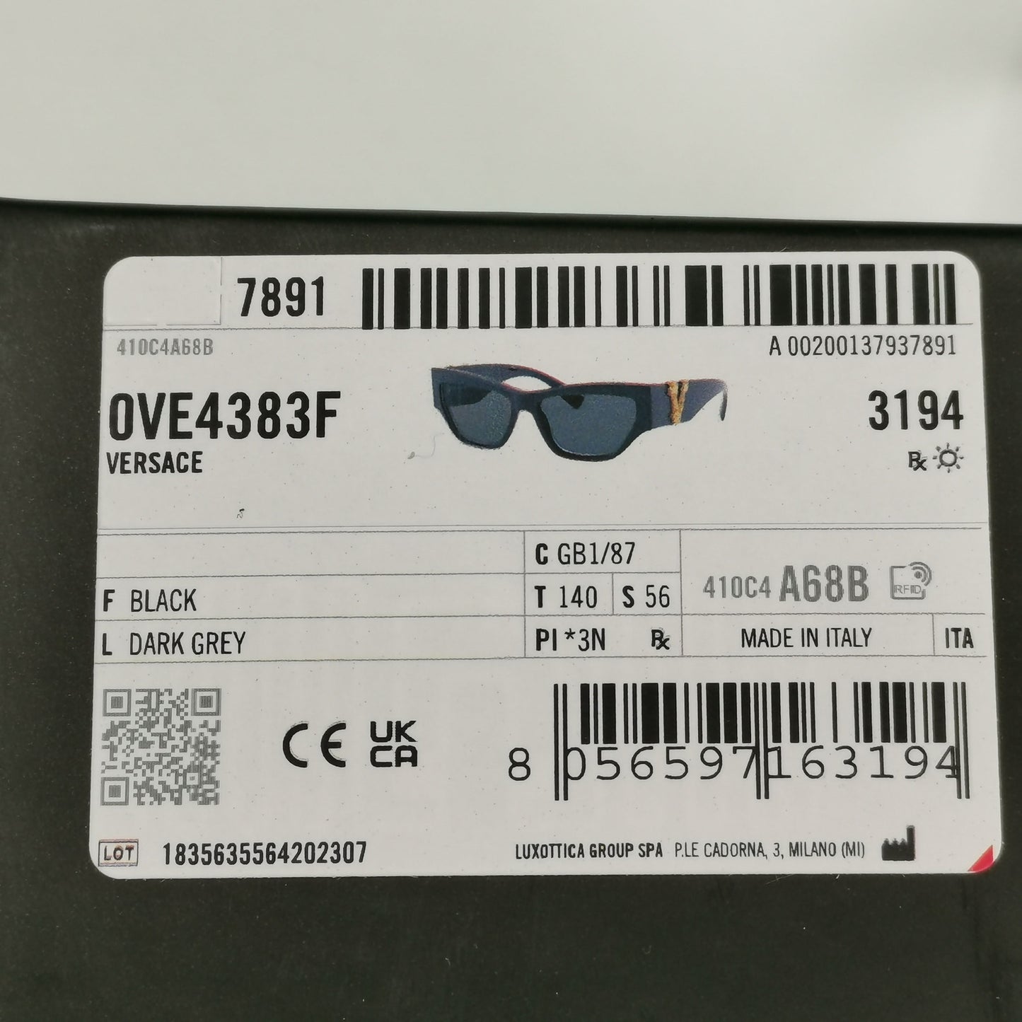 Versace Sunglasses Black Gold V Grey Square MOD VE 4383-F GB1/87 56mm