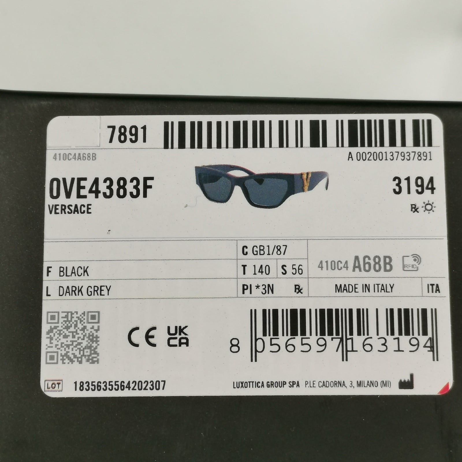 Versace Sunglasses Black Gold V Grey Square MOD VE 4383-F GB1/87 56mm