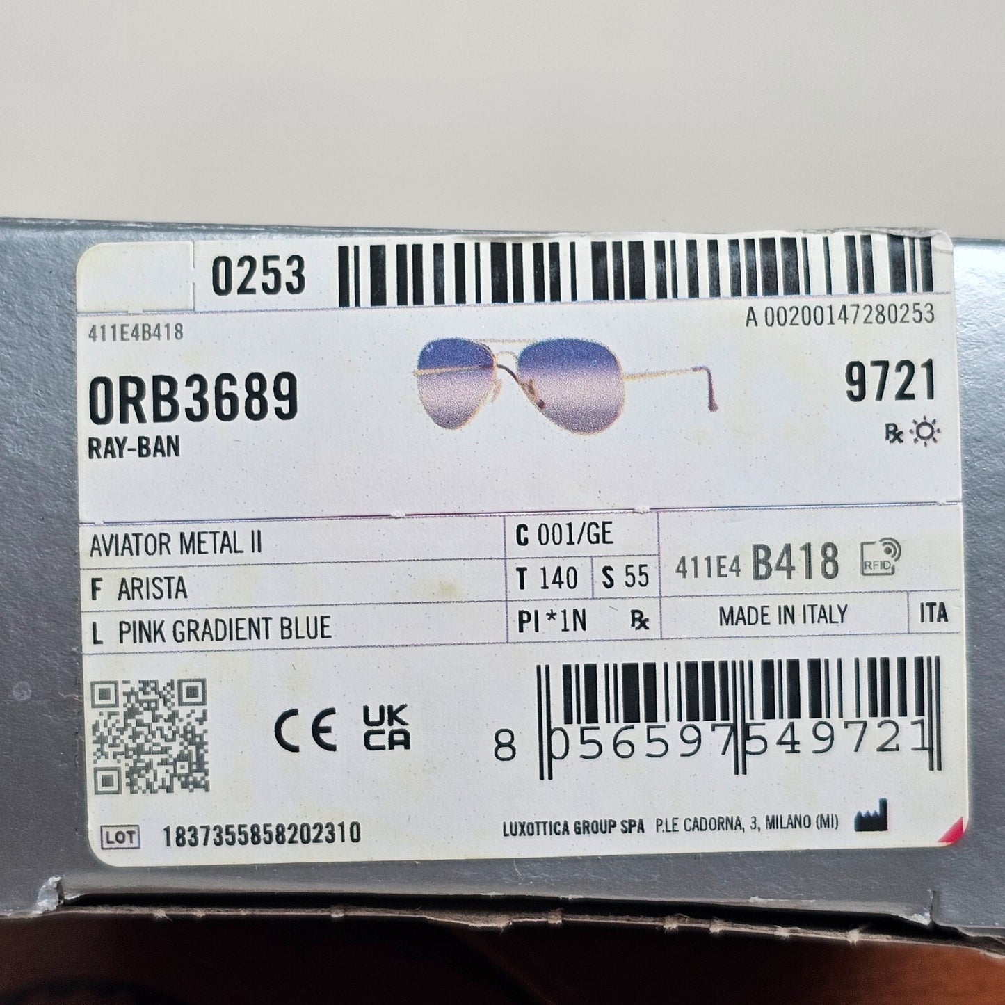 Ray-Ban Sunglasses Aviator II Gold Blue Grey Gradient RB 3689 001/GE Small 55mm