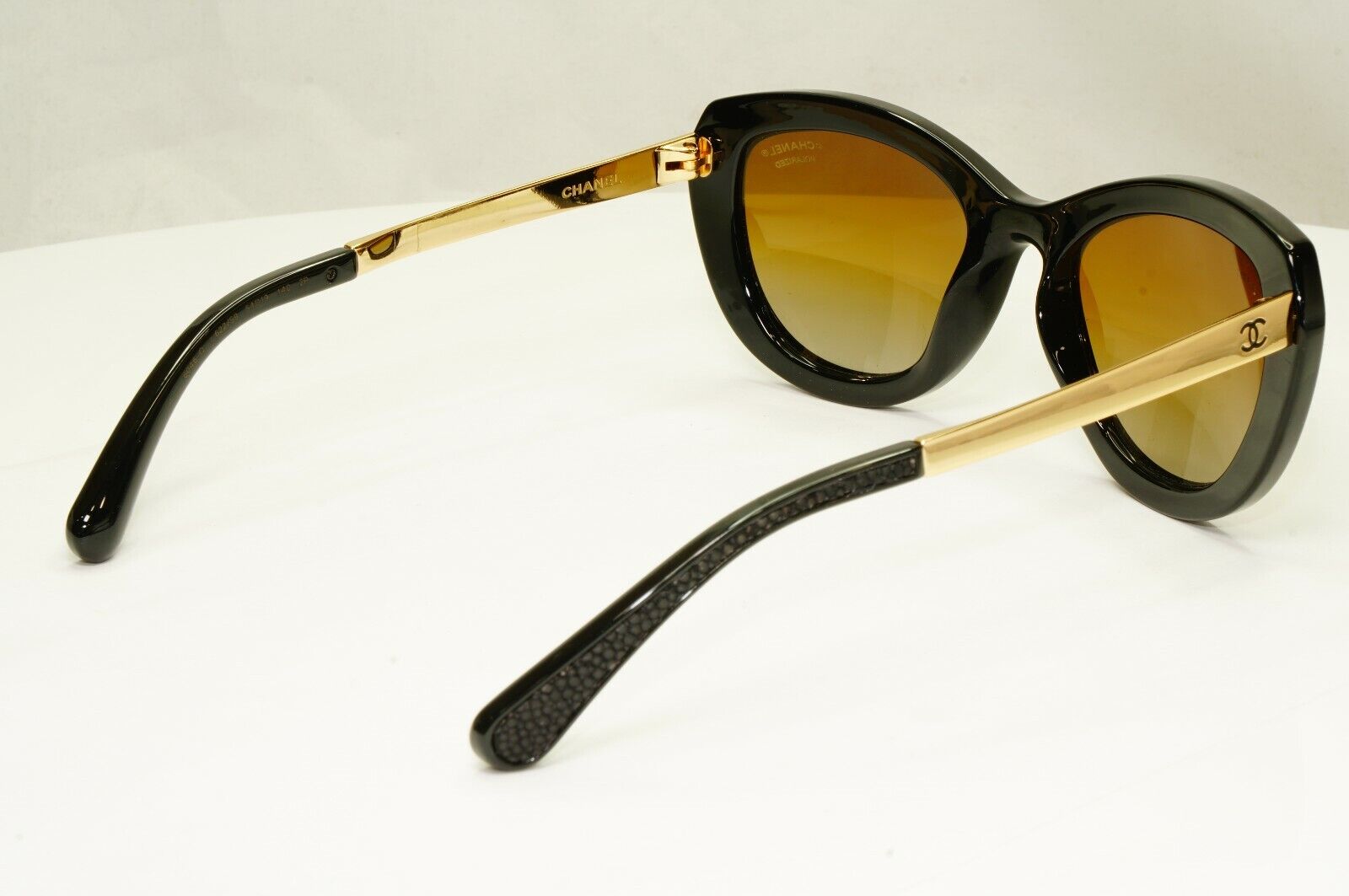 Chanel Stingray Leather Sunglasses Polarized Black Gold Brown 6046-Q 622/S9