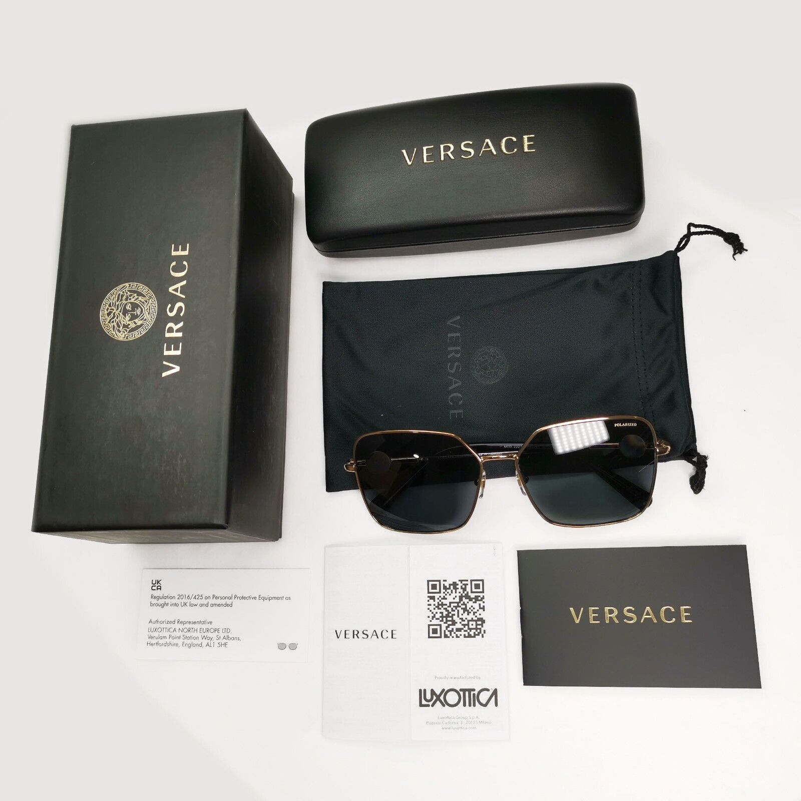 Versace Sunglasses Black Polarized Gold Square Medusa MOD VE 2227 1002/81
