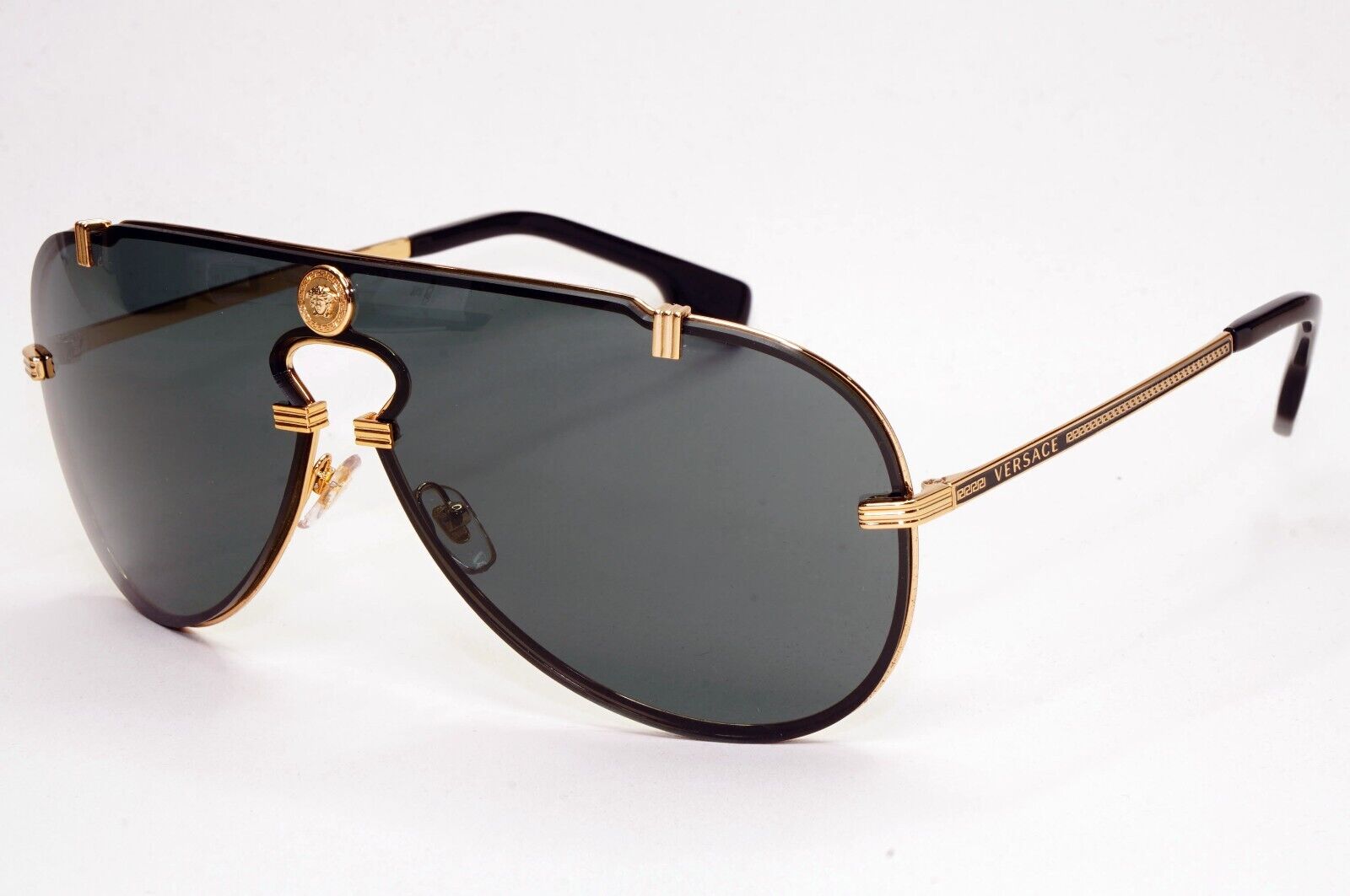 Versace Sunglasses Black Gold Pilot Medusa Metal Shield MOD VE 2243 1002/87