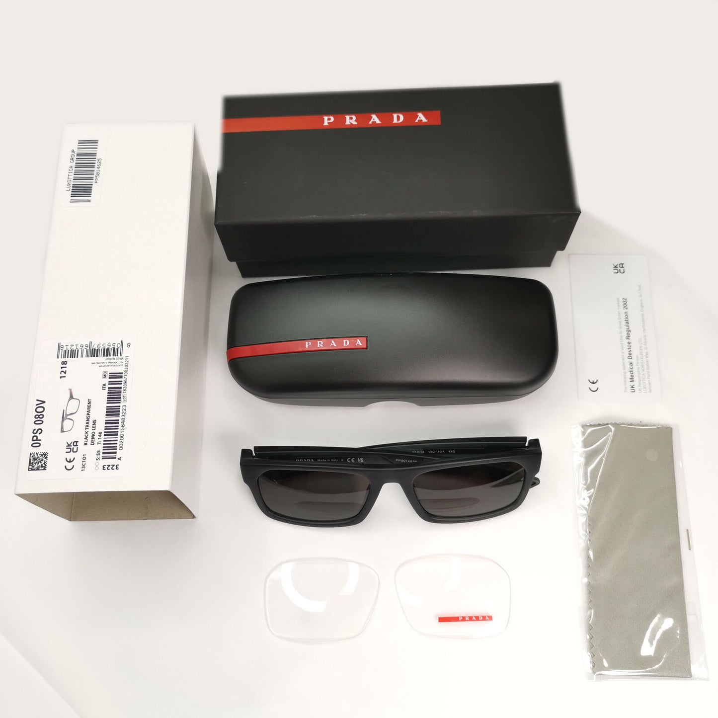 Prada Sunglasses Black Transparent Square Red Stripe PS08OV VPS 08O 13C-1O1 55mm