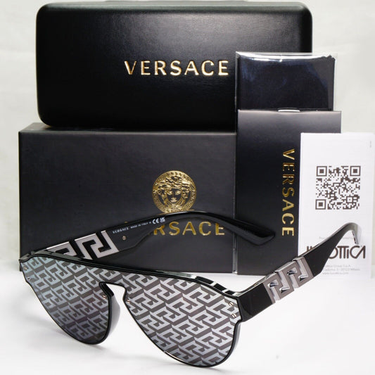 Versace Monogram Mirror Sunglasses Black Silver Pattern Pilot VE 4420 GB1/AL
