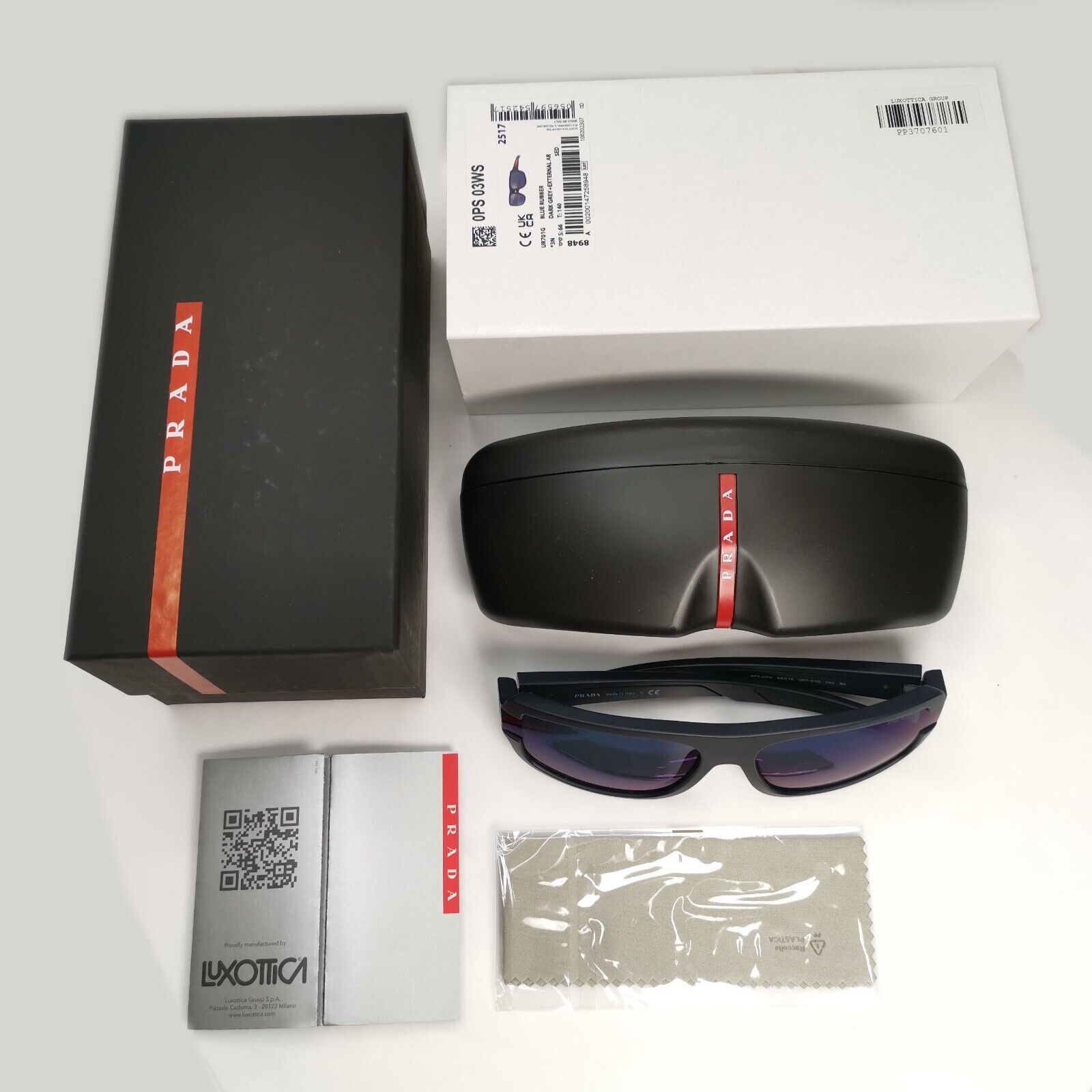 Prada Sunglasses Blue Mirror Rubber Wrap Square PS03WS SPS 03W UR7-01G