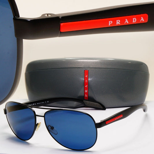 Prada Sunglasses Black Blue Pilot Red Stripe PS53PS SPS 53P 1BO-7W1 62mm 031124