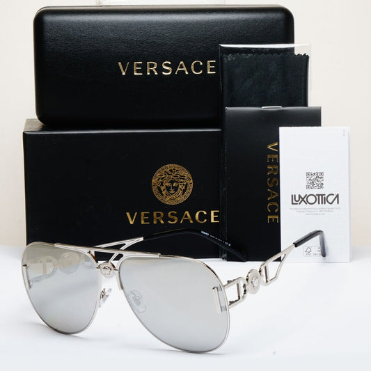 Versace Sunglasses Oversized Pilot Silver Medusa Mirror MOD VE 2255 1000/6G