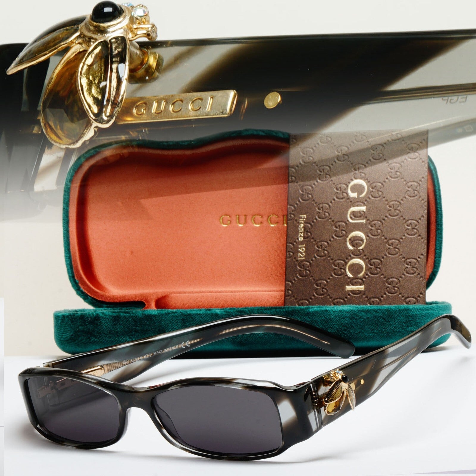 Gucci Sunglasses 2004 Vintage Gold Bee Grey Havana Rectangle GG 2904 EGP 52mm