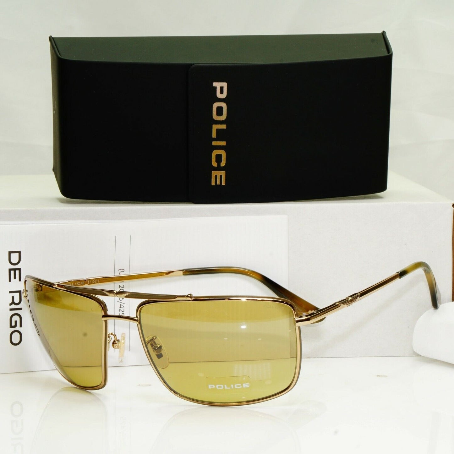 Police Gold Metal Square Pilot Sunglasses Mustard Ochre Lens SPL 965 COL 02A8
