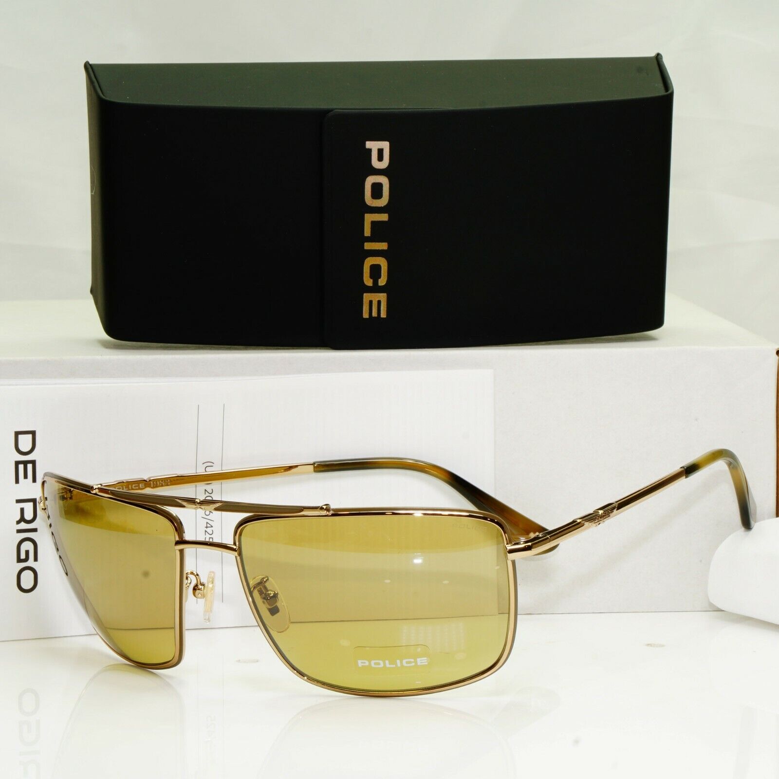 Police Gold Metal Square Pilot Sunglasses Mustard Ochre Lens SPL 965 COL 02A8