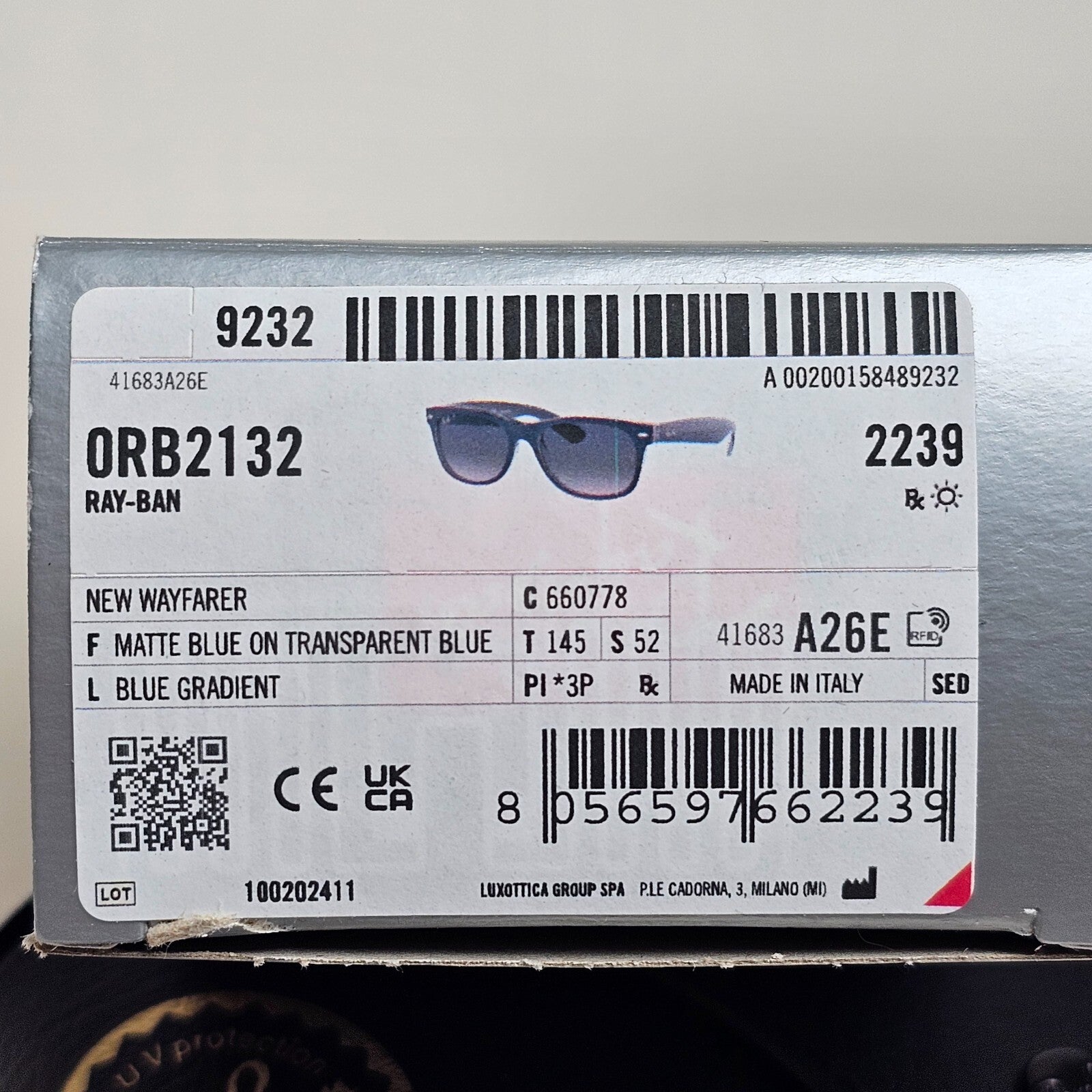 Ray-Ban Sunglasses Polarised New Wayfarer Blue Graident RB 2132 6607/78 52mm