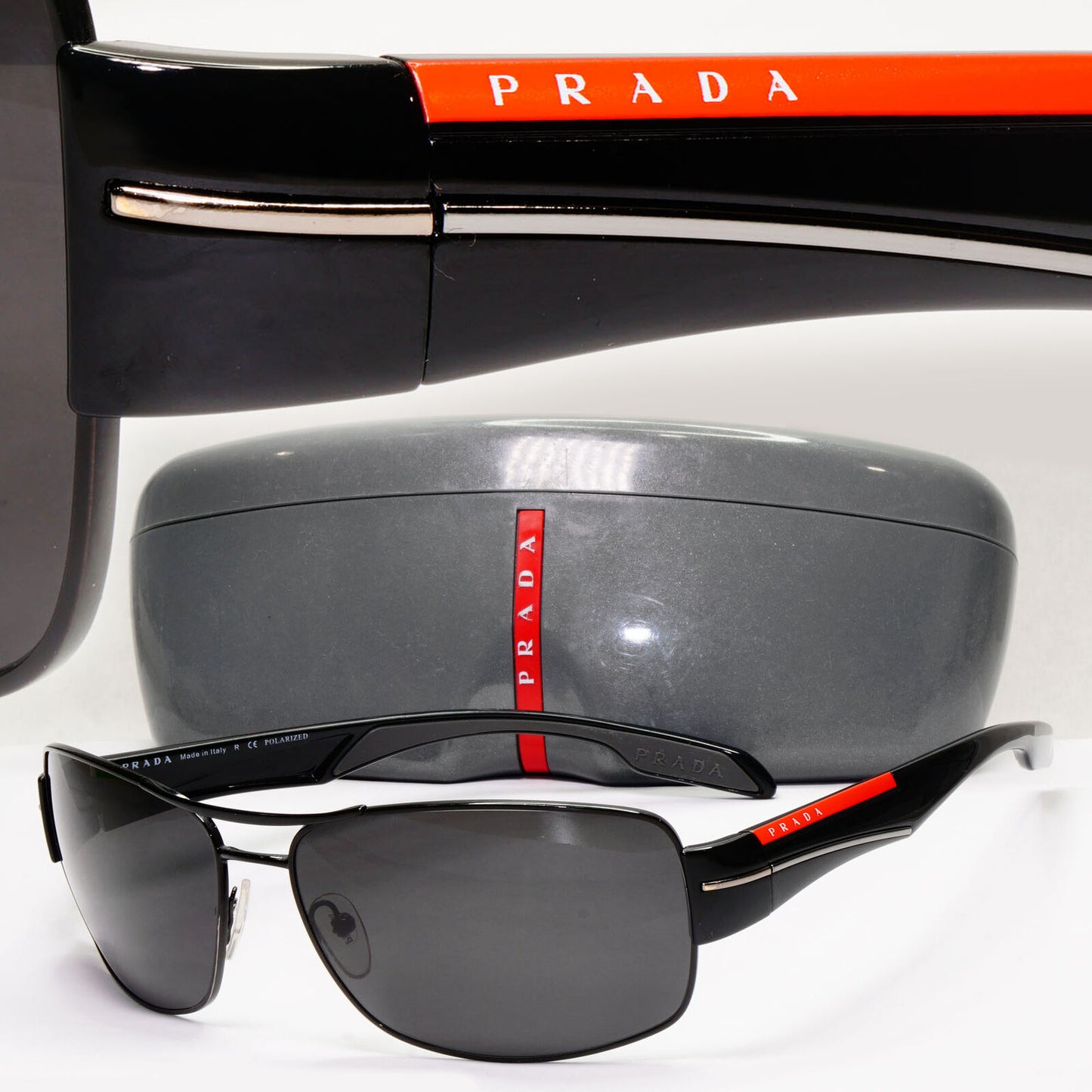 Prada Sunglasses Black Wrap Red Stripe Rossa PS53NS SPS 53N 7AX-5W1 65mm 131223