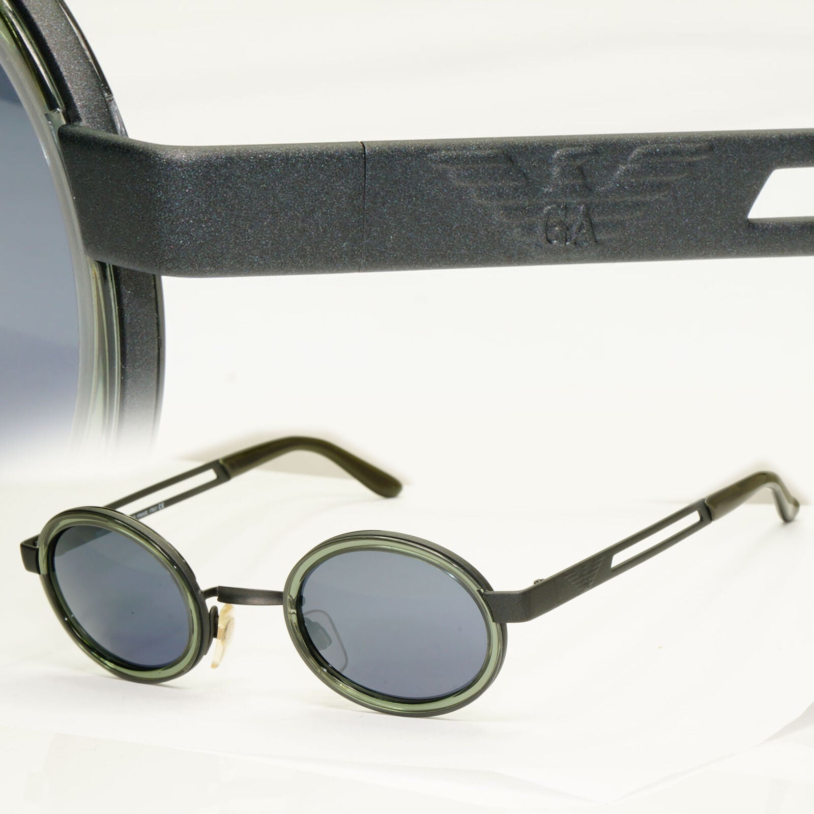 Emporio Armani Sunglasses 1997 Vintage Black Oval Grey Green Eagle 057-S 988
