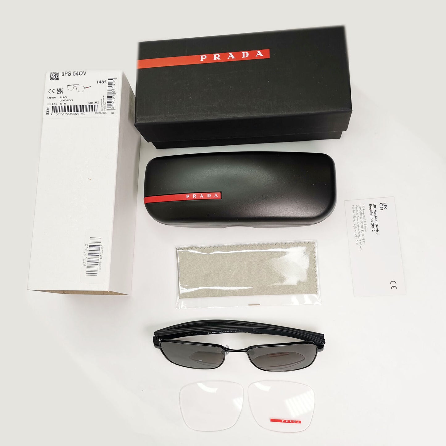 Prada Sunglasses Black Square Metal Red Stripe PS54OV VPS 54O 1AB-1O1 55mm