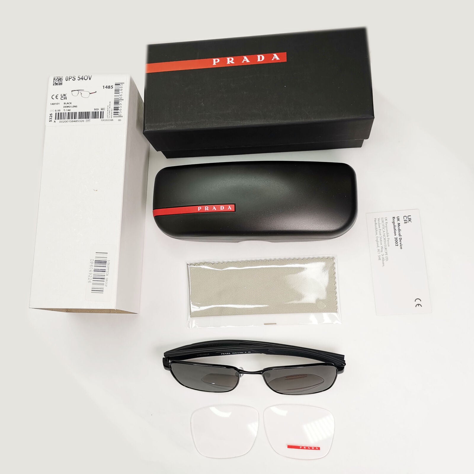 Prada Sunglasses Black Square Metal Red Stripe PS54OV VPS 54O 1AB-1O1 55mm