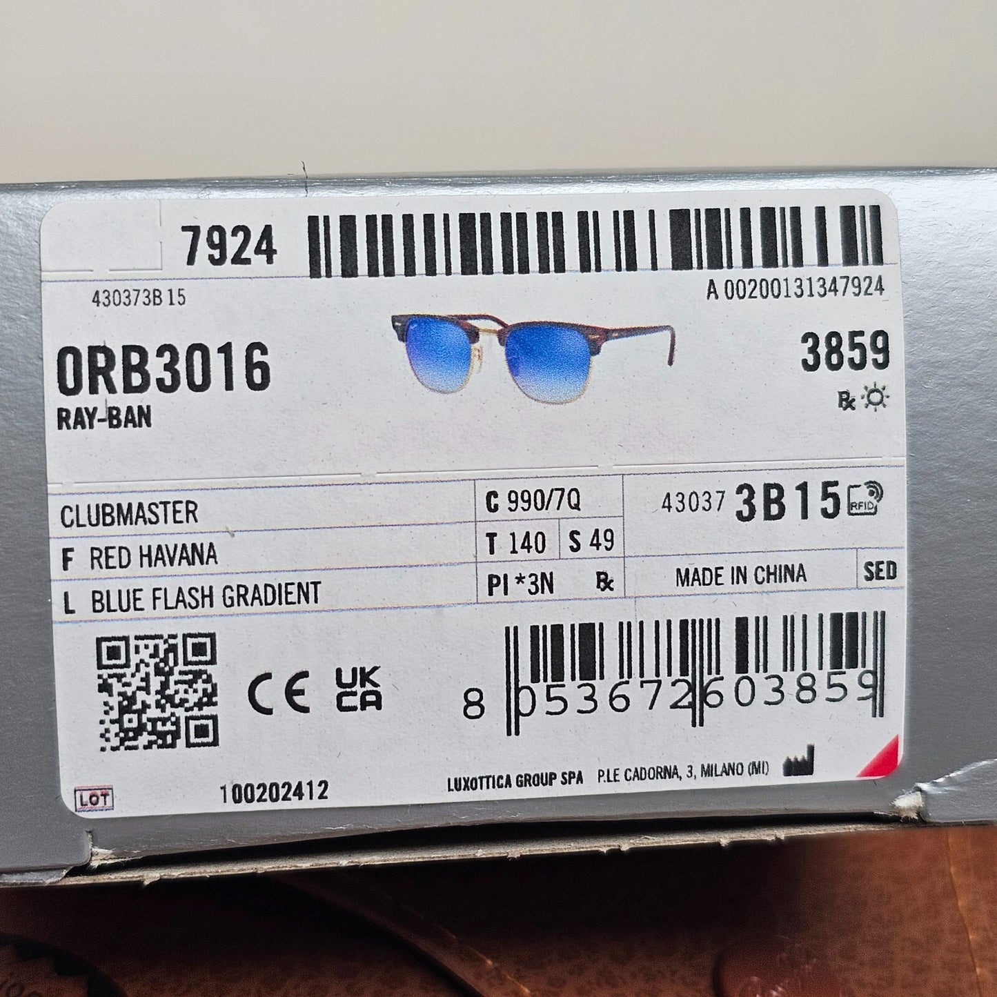 Ray-Ban Sunglasses Clubmaster Blue Mirror Brown Red Havana RB 3016 990/7Q 49mm