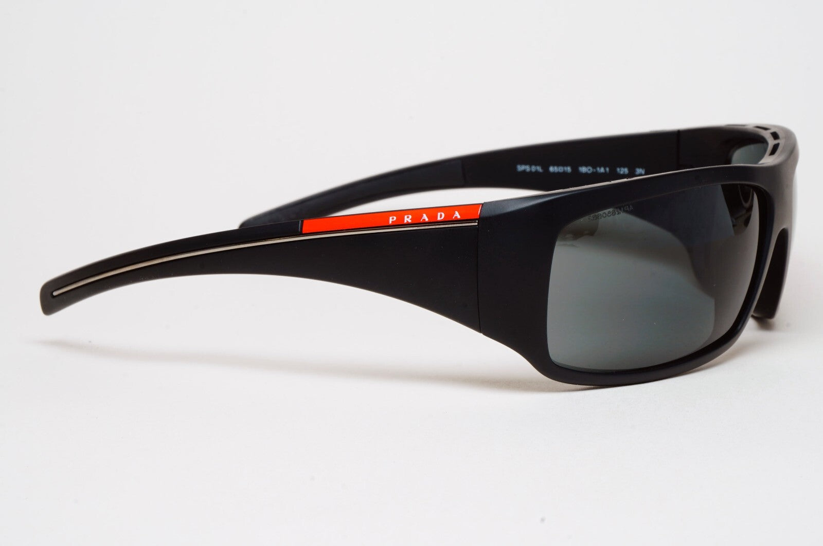 Prada Sunglasses Black Mattw Wrap Red Stripe PS01LS SPS 01L 1BO-1A1 130225