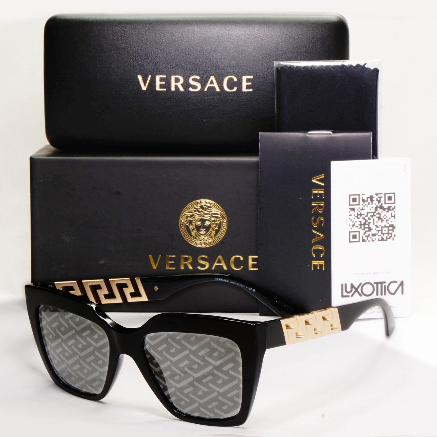 Versace Sunglasses Monogram Mirror Black Gold Meander MOD VE 4418 GB1/AL