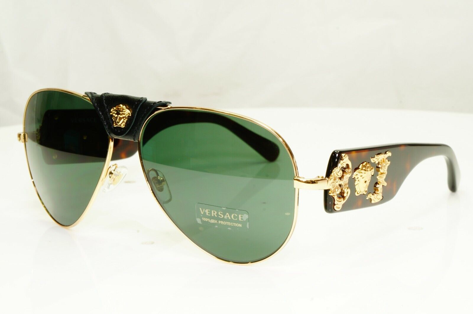 Versace Gold Medusa Ornate Brown Green Sunglasses Pilot Tortoise 2150-Q 1002/71
